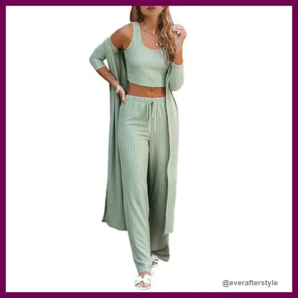 3 Piece Lounge Set Knit Cardigan Crop Top Wide Leg Pants Comfy Chic